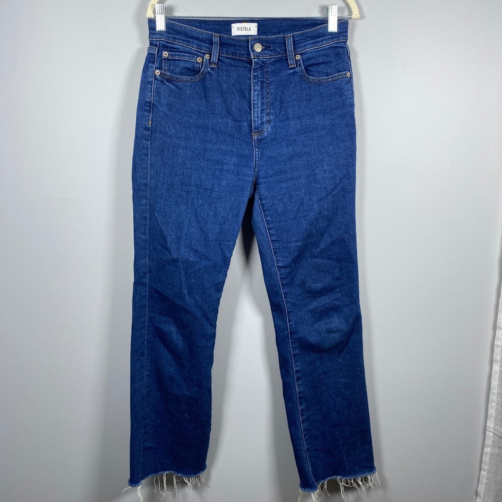 Pistola Straight Leg Jeans Womens 27 Blue High Rise Raw Hem Crop Classic Casual
